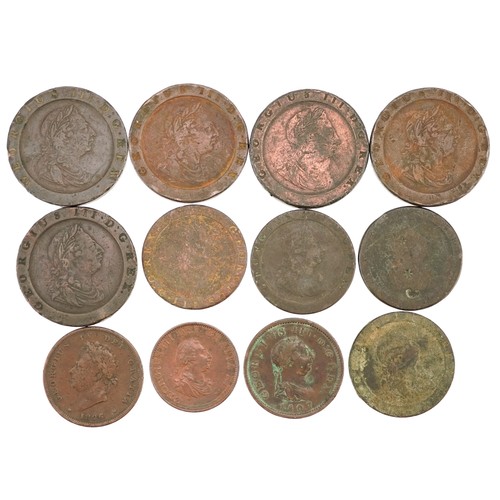 2132 - A collection 18th and later bronze and copper coins including 1799 Soho half penny, 1826 George IV p... 