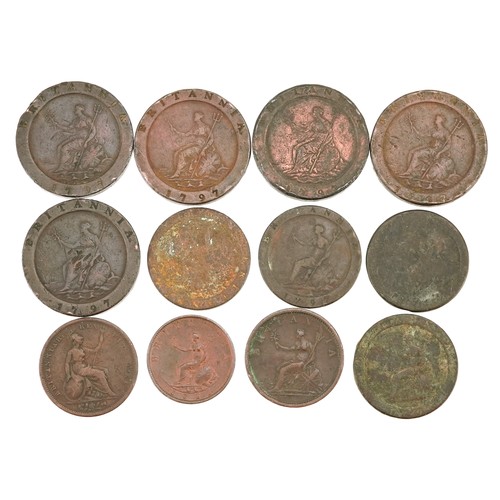 2132 - A collection 18th and later bronze and copper coins including 1799 Soho half penny, 1826 George IV p... 