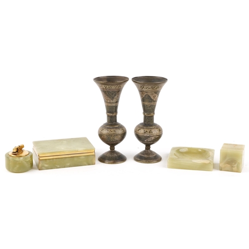 1347 - A group of early 20th century green onyx desk items together with a pair of eastern metal vases with... 