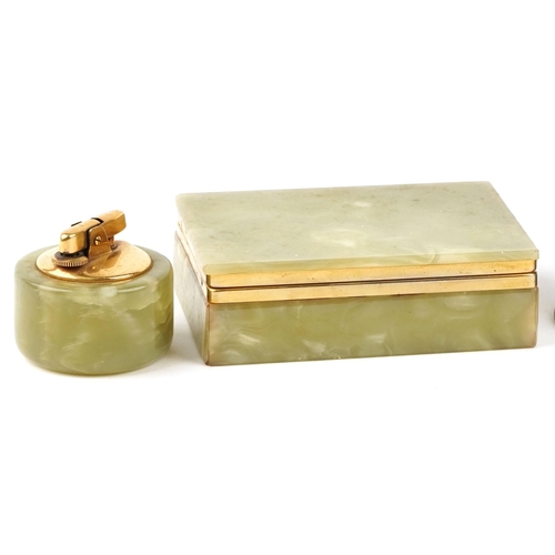 1347 - A group of early 20th century green onyx desk items together with a pair of eastern metal vases with... 