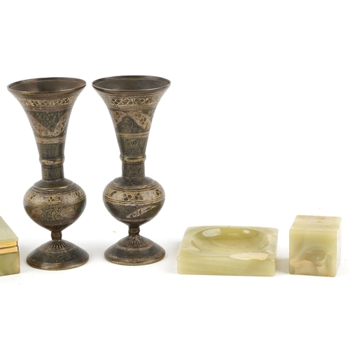 1347 - A group of early 20th century green onyx desk items together with a pair of eastern metal vases with... 