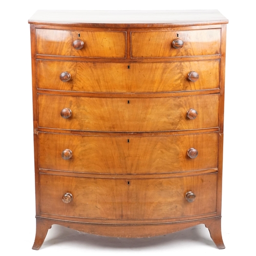 A large Victorian bow front chest of two short and four long drawers, on bracket feet, 137cm H x 113cm W x 61cm D (in two sections).