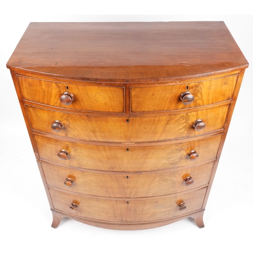  A large Victorian bow front chest of two short and four long drawers, on bracket feet, 137cm H x 113... 