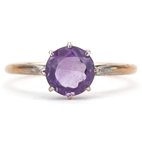 437 - A 9ct gold amethyst solitaire ring, the amethyst approximately 8.0mm in diameter x 4.95mm deep, size... 