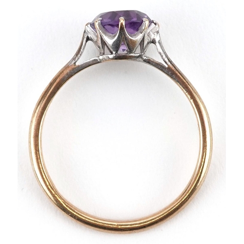 437 - A 9ct gold amethyst solitaire ring, the amethyst approximately 8.0mm in diameter x 4.95mm deep, size... 