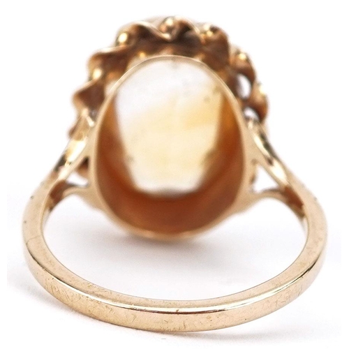 440 - A 9ct gold citrine solitaire ring, the citrine approximately 13.50mm x 10.10mm x 6.50mm deep, size N... 