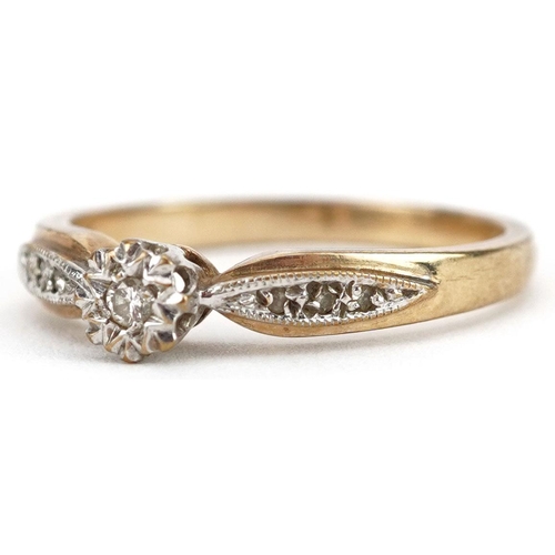 208 - A 9ct gold diamond solitaire ring with diamond set shoulders, size P, 2.4g.