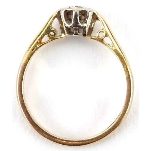 215 - An unmarked gold diamond solitaire ring, the diamond approximately 0.10 carat, size F, 1.7g.