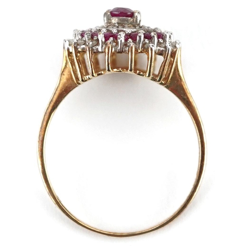  A 9ct gold ruby and diamond four tier cluster ring, size P, 2.5g.