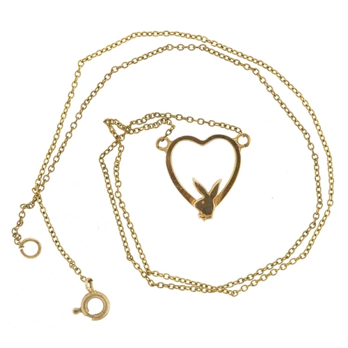  A 9ct gold Playboy Bunny and love heart necklace, 40cm in length, 1.3g.