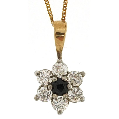 373 - A 9ct gold sapphire and clear stone flower head pendant on a 9ct gold necklace, 1.3cm high and 40cm ... 