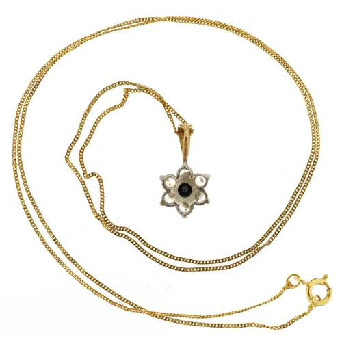 373 - A 9ct gold sapphire and clear stone flower head pendant on a 9ct gold necklace, 1.3cm high and 40cm ... 