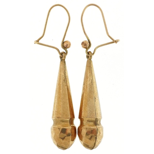 584 - A pair of Victorian 9ct gold drop earrings, 4cm high, total 2.1g.