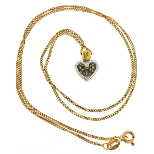  An 18ct two tone gold diamond love heart pendant on an 18ct gold necklace, 1.2cm high and 44cm in le... 