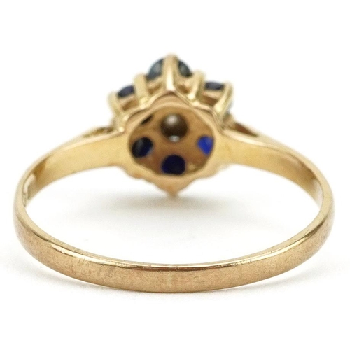 162 - A 9ct gold sapphire and diamond flower head ring, size M, 1.4g.