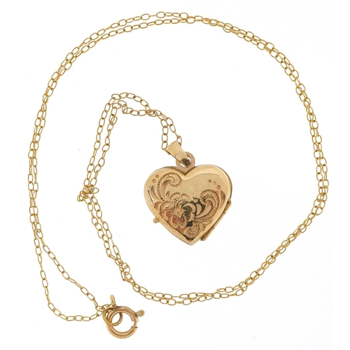 232 - A 9ct gold floral engraved love heart locket on a 9ct gold necklace, 1.8cm high and 44cm in length, ... 