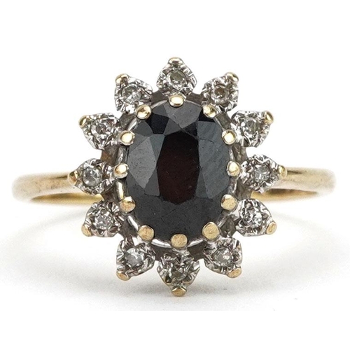 363 - A 9ct gold sapphire and diamond cluster ring, size N, 2.5g.