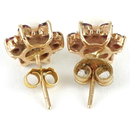  A pair of unmarked gold cultured pearl and pink spinel stud earrings, 9.8mm in diameter, total 2.0g.