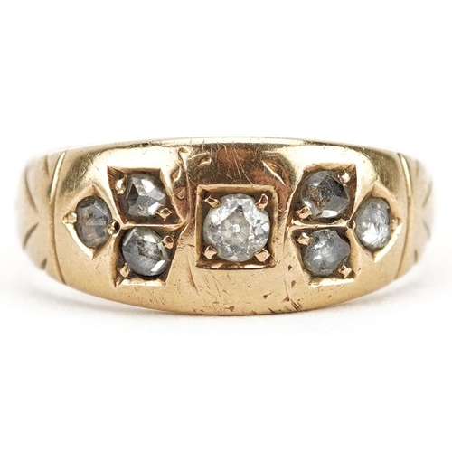 290 - A Victorian 22ct gold diamond cluster ring with engraved shoulders, Birmingham 1883, size O/P, 4.9g.