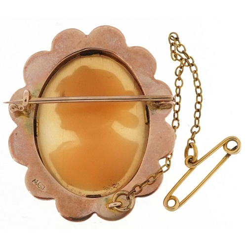  A 9ct gold mounted cameo shell brooch carved with a maiden head, 3.3cm high, 6.0g.