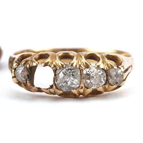 366 - Antique and later jewellery comprising an 18ct gold ring set with diamonds, (2.6g) and five stickpin... 