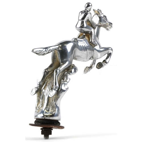 209 - An early 20th century chromium plated car mascot in the form of a jockey on a racehorse, 17cm high.