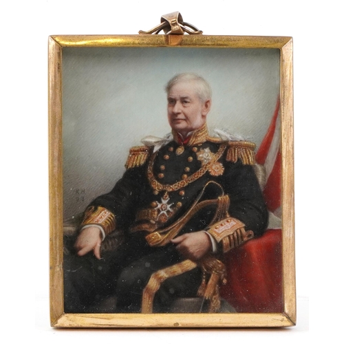 A Victorian three quarter length portrait of Admiral of the Fleet Sir Alex Milne, watercolour on card, initialled KH, within a gilt metal frame, 7.5cm x 6.5cm.