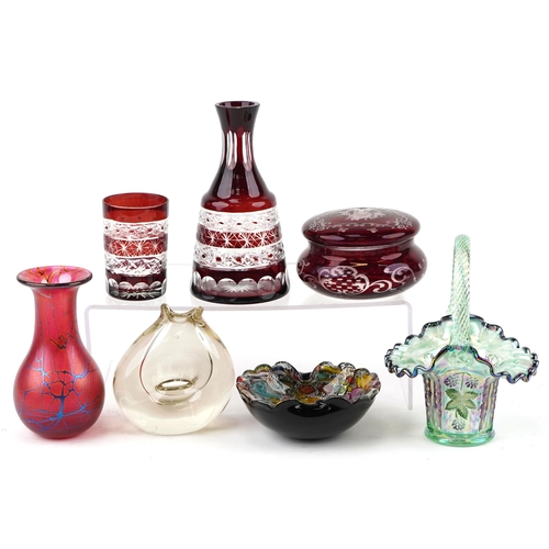 1366 - A mixed group of 20th century glassware to include a Bohemian flash overlaid decanter and cup, a mil... 