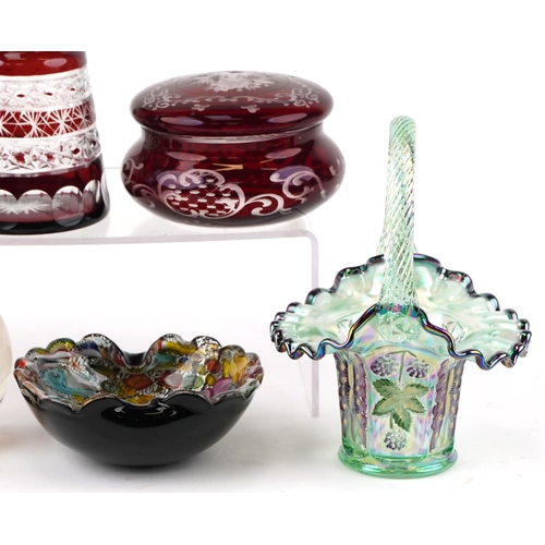 1366 - A mixed group of 20th century glassware to include a Bohemian flash overlaid decanter and cup, a mil... 