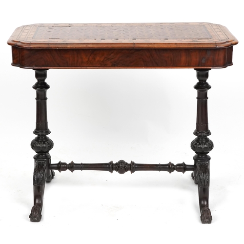 1074 - A mid Victorian walnut centre table with inlaid decoration, raised on carved supports, 70cm H x 86cm... 