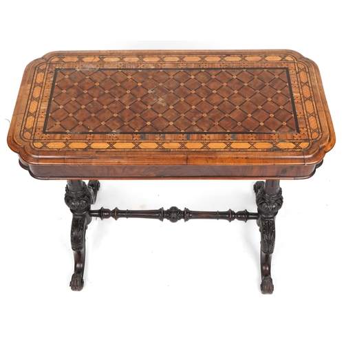 1074 - A mid Victorian walnut centre table with inlaid decoration, raised on carved supports, 70cm H x 86cm... 