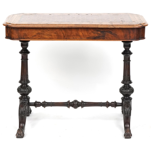 1074 - A mid Victorian walnut centre table with inlaid decoration, raised on carved supports, 70cm H x 86cm... 