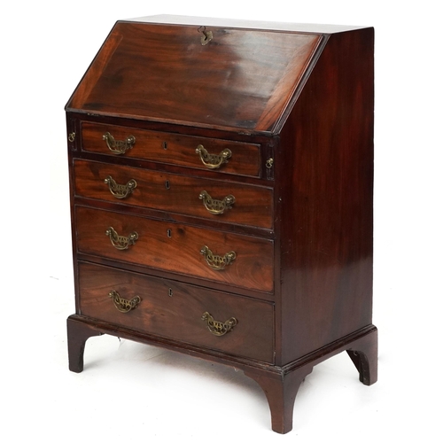 1007 - A small George III figured mahogany bureau, the fall front above four graduated long drawers, 90cm H... 