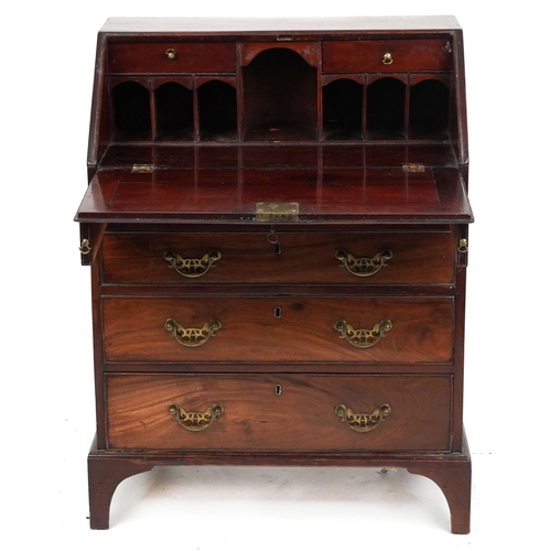 1007 - A small George III figured mahogany bureau, the fall front above four graduated long drawers, 90cm H... 