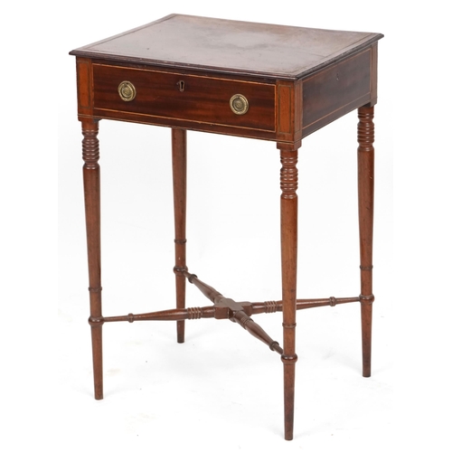 1033 - A George III figured mahogany side table with brass inlaid decoration fitted with a single frieze dr... 