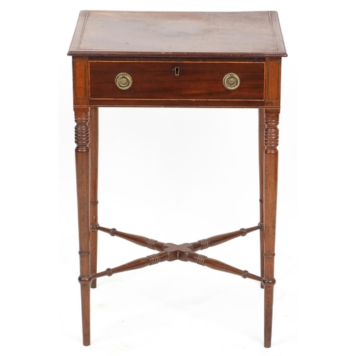 1033 - A George III figured mahogany side table with brass inlaid decoration fitted with a single frieze dr... 