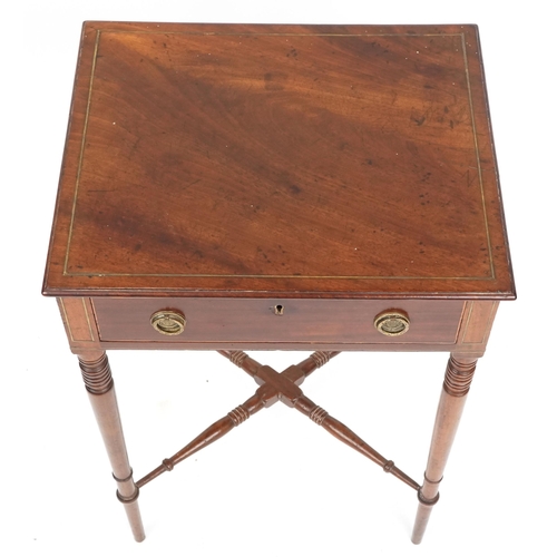 1033 - A George III figured mahogany side table with brass inlaid decoration fitted with a single frieze dr... 