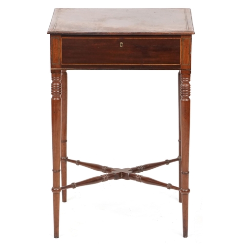 1033 - A George III figured mahogany side table with brass inlaid decoration fitted with a single frieze dr... 