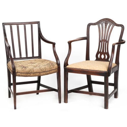 1026 - A 19th century mahogany pierced splat back elbow chair together with a similar 19th century chair.