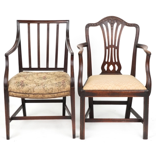 1026 - A 19th century mahogany pierced splat back elbow chair together with a similar 19th century chair.