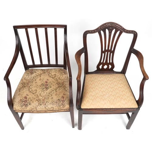 1026 - A 19th century mahogany pierced splat back elbow chair together with a similar 19th century chair.