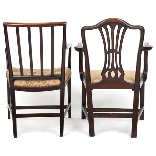 1026 - A 19th century mahogany pierced splat back elbow chair together with a similar 19th century chair.