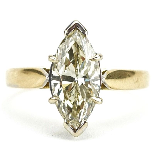 An 18ct gold marquis yellow diamond ring, the diamond approximately 2.20 carat, size M, 4.2g.