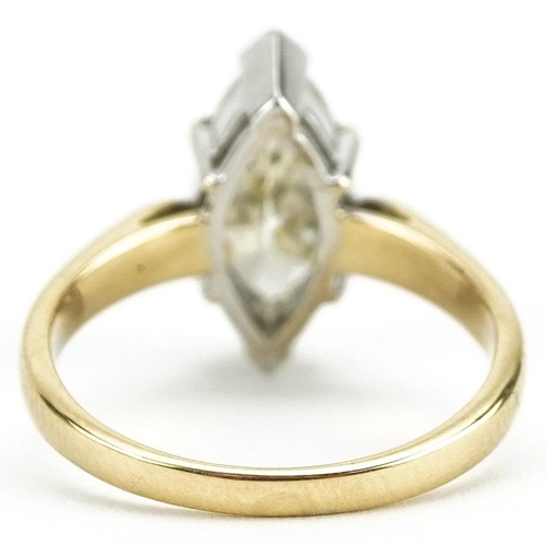 35 - An 18ct gold marquis yellow diamond ring, the diamond approximately 2.20 carat, size M, 4.2g.