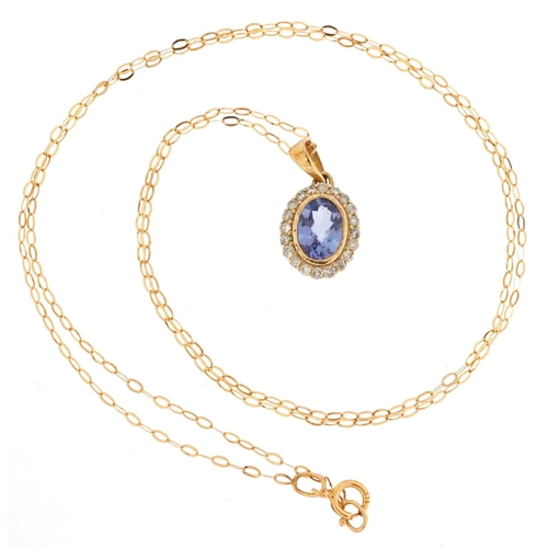  A 9ct gold tanzanite and diamond cluster pendant on a 9ct gold necklace, 1.5cm high and 44cm in leng... 