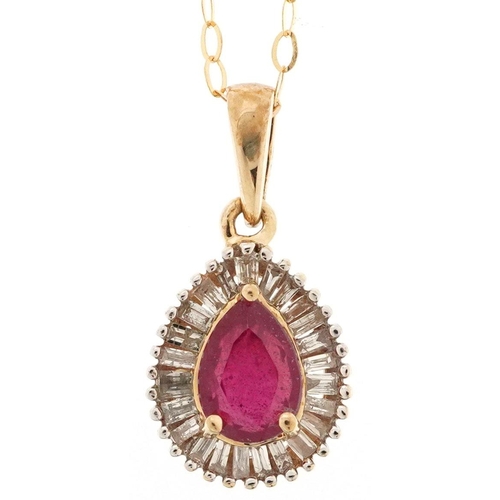 An unmarked gold ruby teardrop pendant set with baguette cut diamonds on a 9ct gold necklace, 1.9cm high and 44cm in length, total 1.9g.