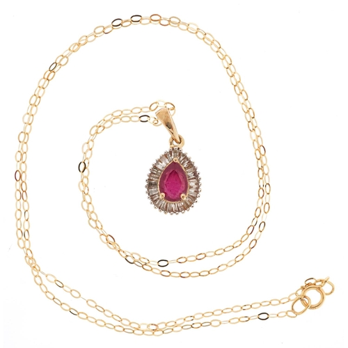  An unmarked gold ruby teardrop pendant set with baguette cut diamonds on a 9ct gold necklace, 1.9cm ... 