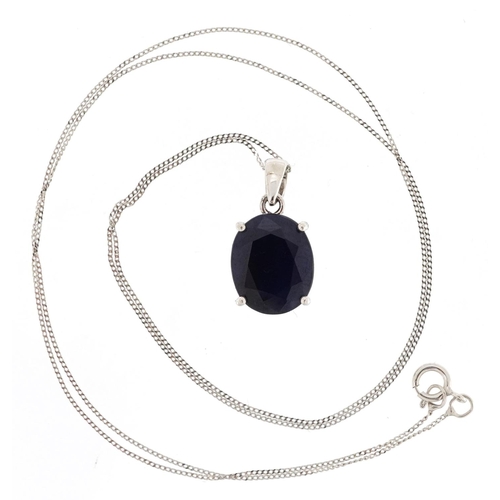 361 - A white gold sapphire solitaire pendant on a 9ct white gold necklace, the sapphire approximately 11.... 