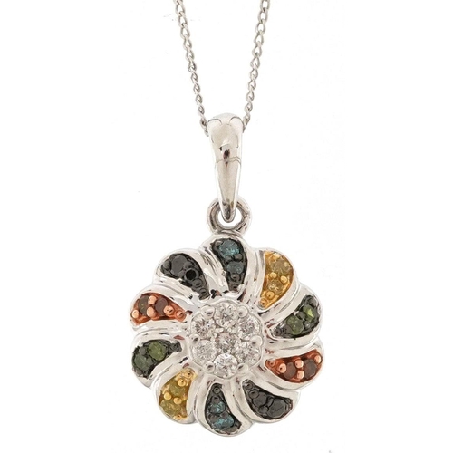 354 - A 9ct white gold multi coloured diamond flower head pendant on a 9ct white gold necklace, 1.7cm high... 