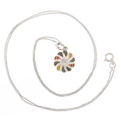 354 - A 9ct white gold multi coloured diamond flower head pendant on a 9ct white gold necklace, 1.7cm high... 